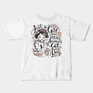 Whimsical Girl with Cat and Dog: Just a Girl who loves Animals Kids T-Shirt